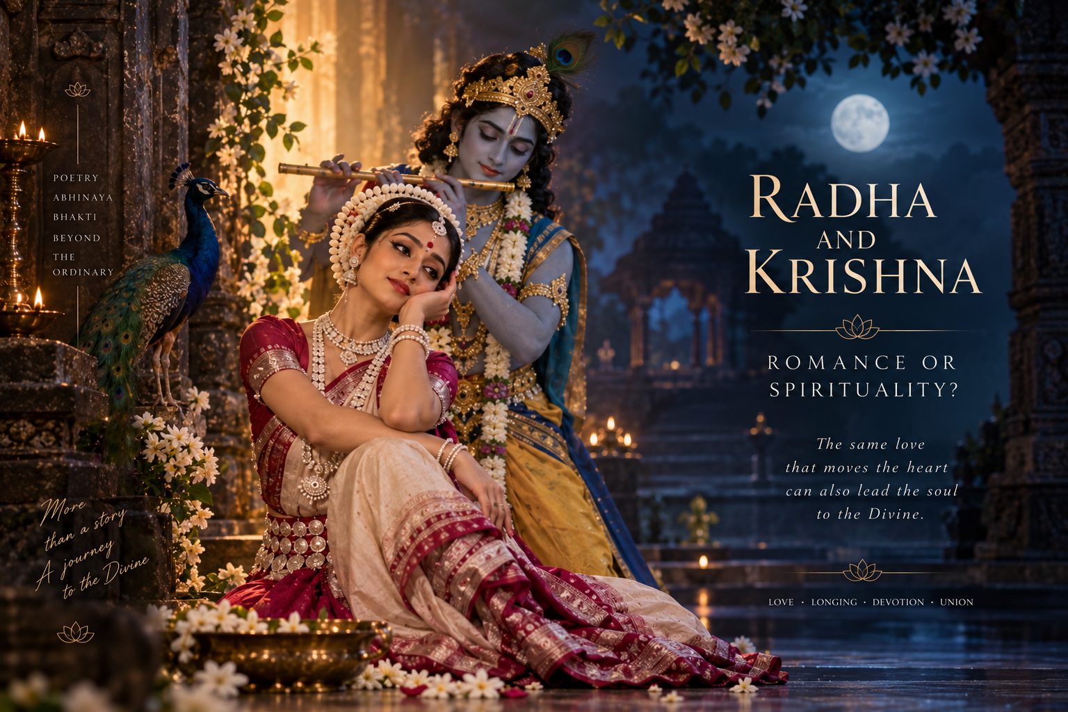 Odissi dancer as Radha resting in longing while Krishna plays the flute behind her on a moonlit night